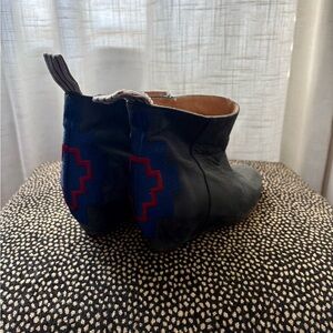 Candela Black Leather Ankle Boots with Red and Blue Embroidery